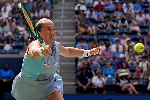 US Open 2024: Jelena Ostapenko returns a shot to Naomi Osaka